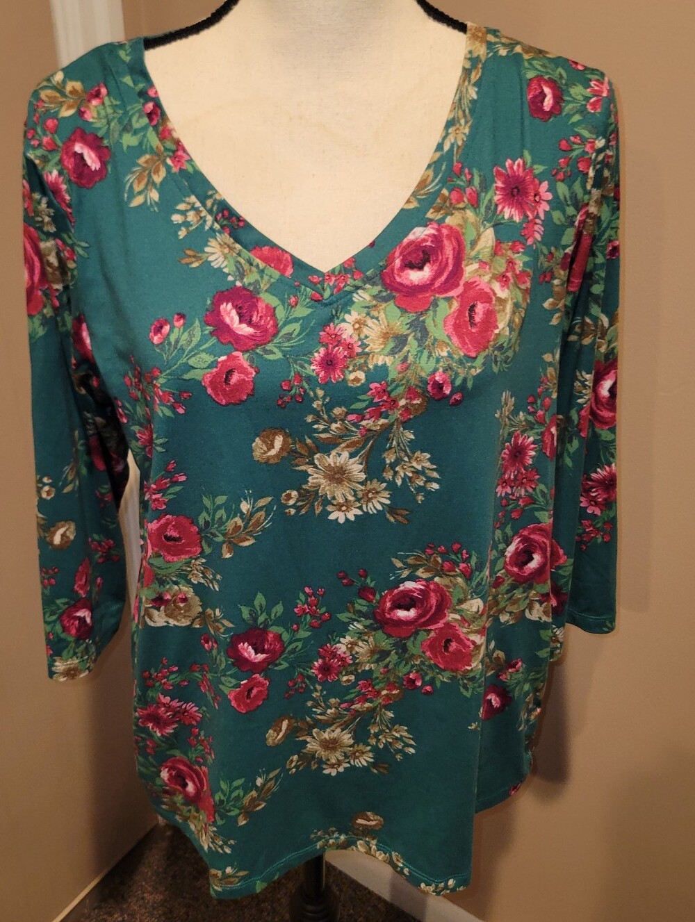 🔥5/$20 The Pioneer Woman Green Floral V-Neck 3/4 Sleeve Tunic